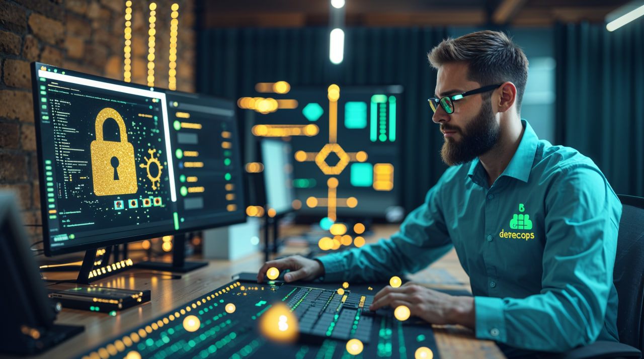 Инженер настраивает автоматизацию безопасности в CI/CD пайплайне для внедрения DevSecOps.